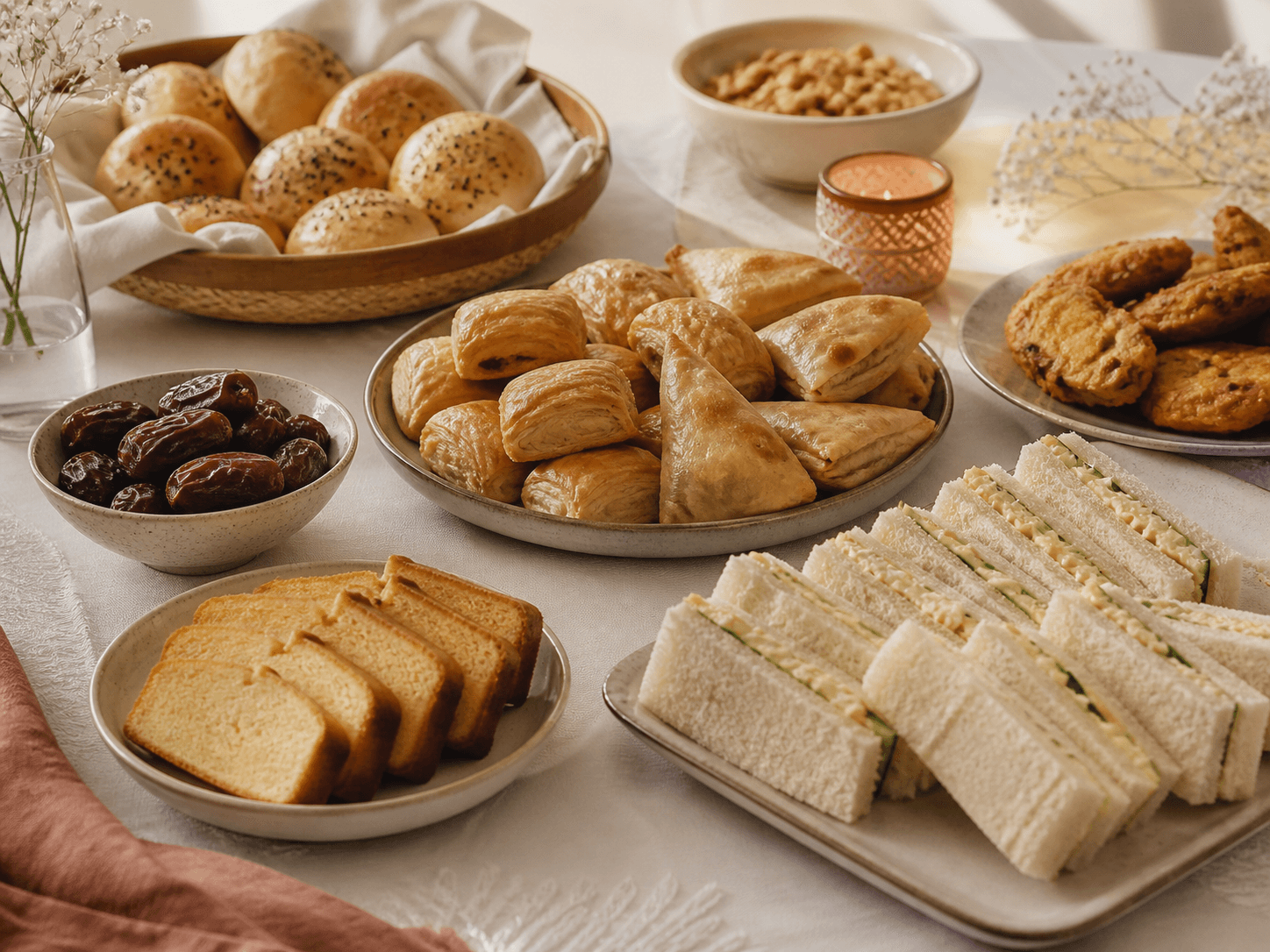 A calm Milad sharing table with sandwiches, pastries, breads, cake rusk and dates