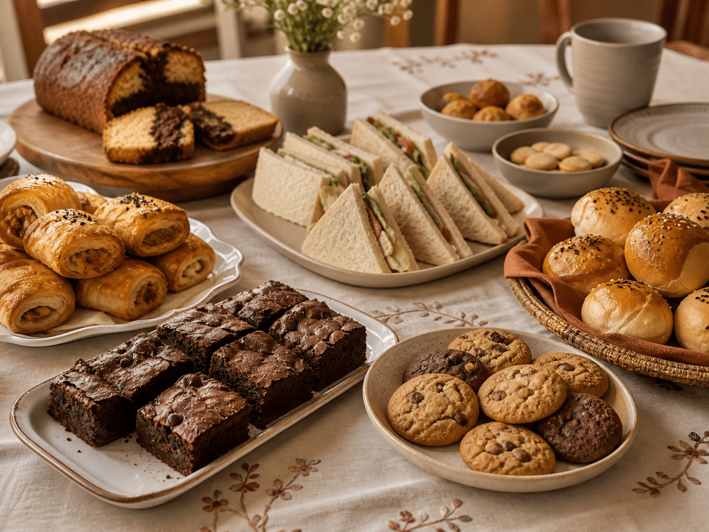 A mixed table of sandwiches, pastries, brownies, cookies and breads