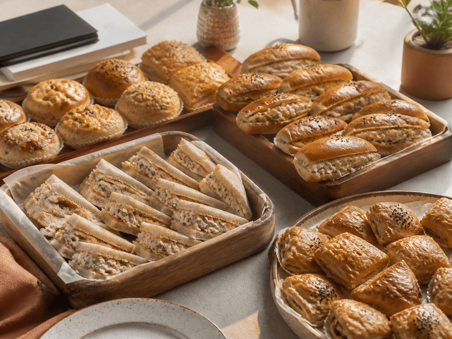 Sandwiches, savoury breads and pastries arranged for an office morning