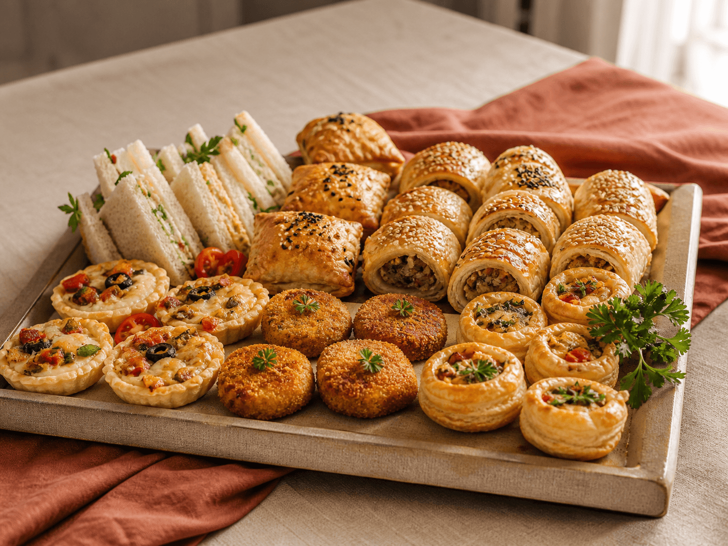 A sharing tray of savoury pastries, rolls and sandwiches
