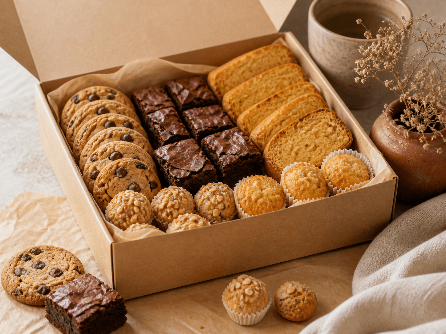 An open sweet box filled with cookies, brownies, cake rusk and small bakes