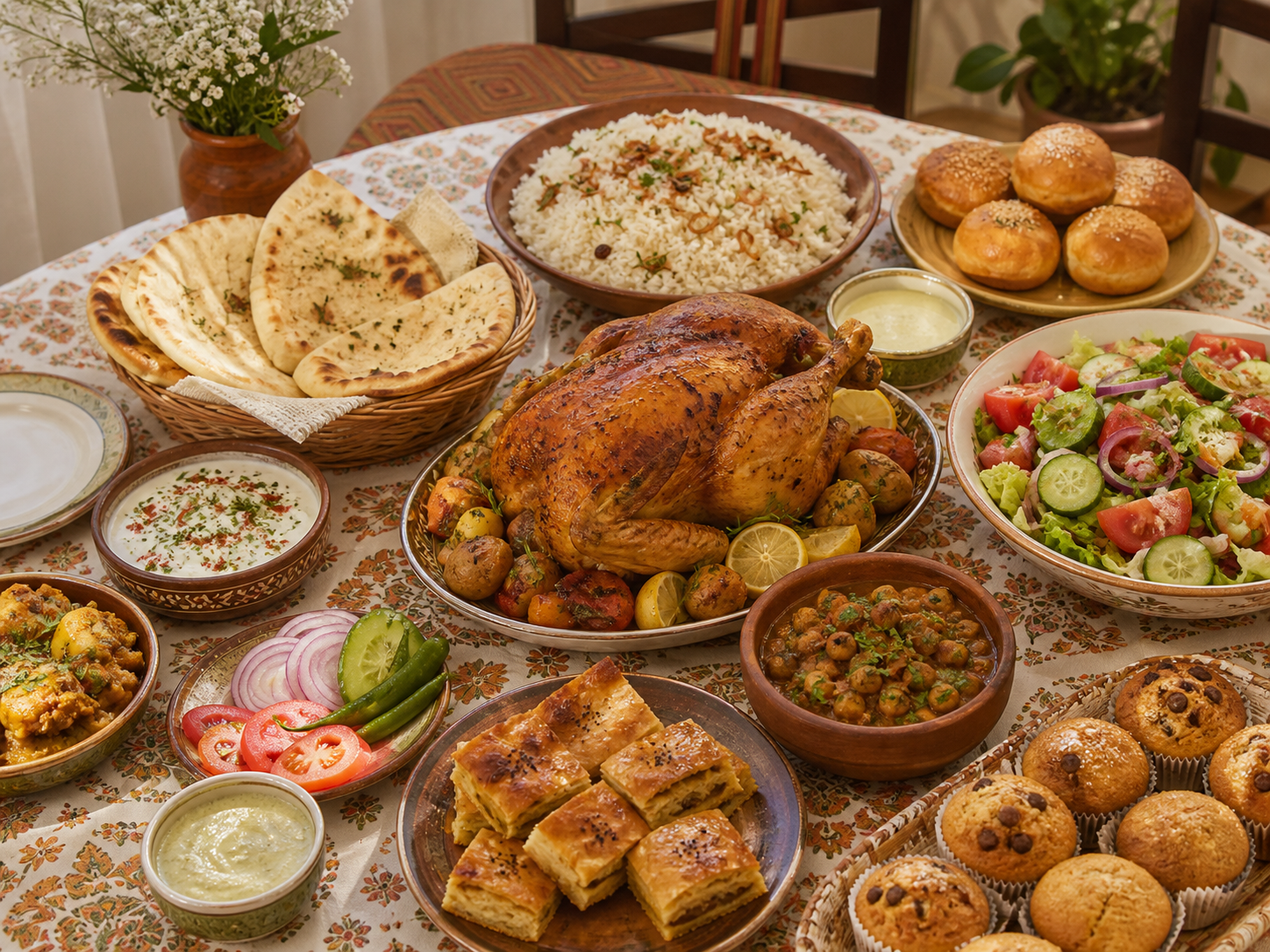 A whole family table with roast chicken, rice, breads, salad and baked sides