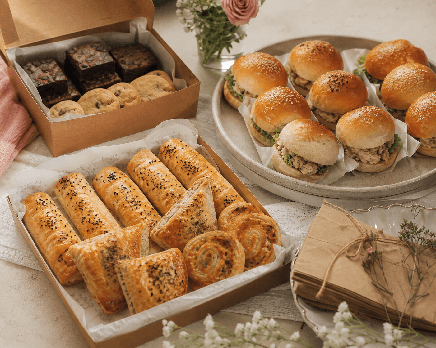 A bakery package of savoury pastries, mini sandwiches, brownies and cookies prepared for sharing